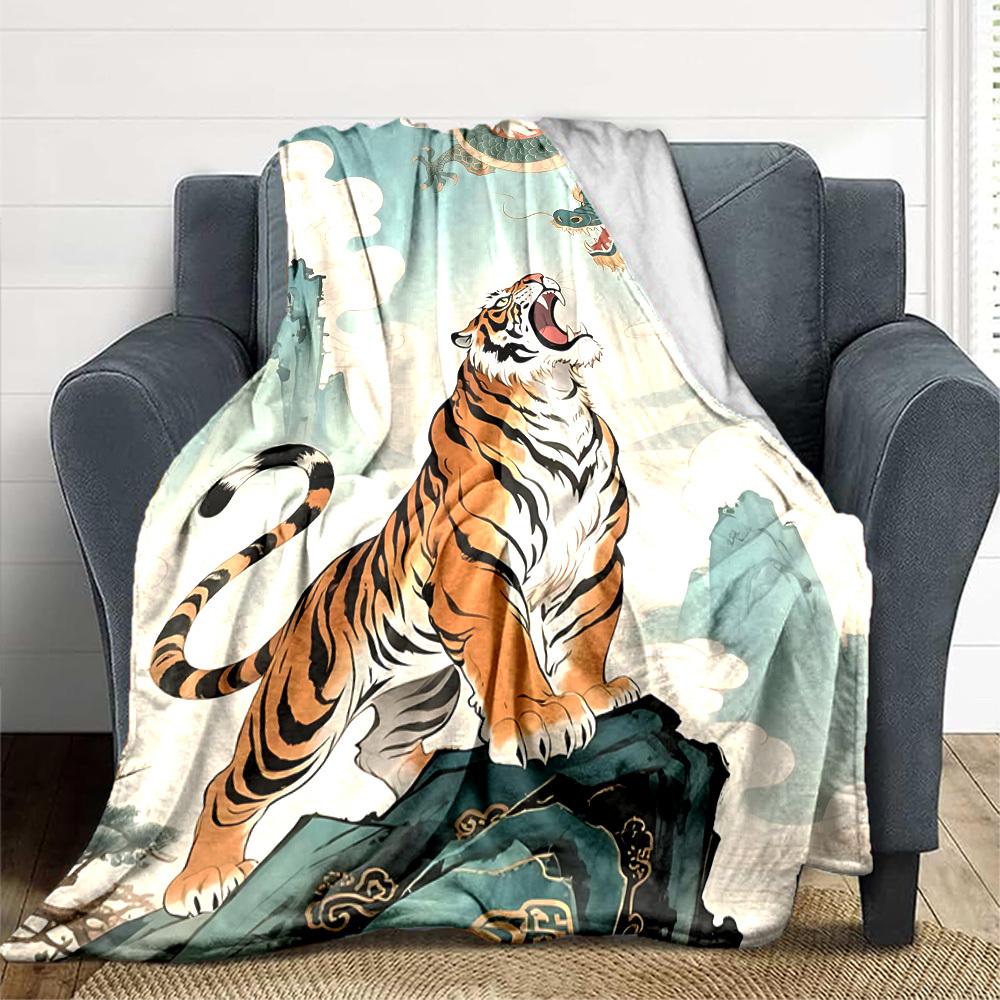 1pc Tiger Print Blanket, Lightweight Flannel Fleece with Digital Printing, Soft Warm for Sofa, Travel, Camping, Office, Couch, Chair, and Bed, All-Sea