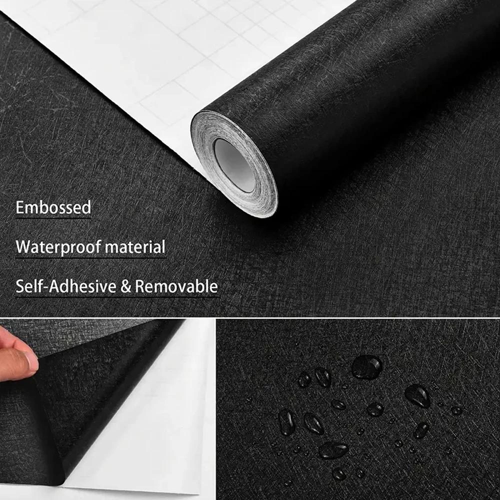 8M Black Silk Contact Paper Home Decor Paper Textured Self-Adhesive Wallpaper For Cabinet Table Chair Room Backdrop Renovation