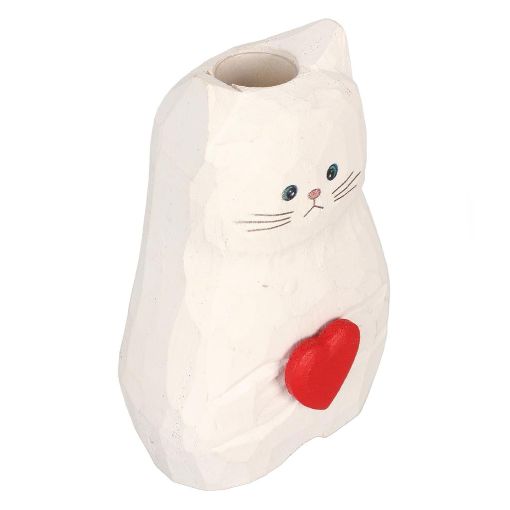 Cat Statue Flower Vase White Handmade Textured Wooden Cat Vase for Thanksgiving Day Gift Cat Lovers