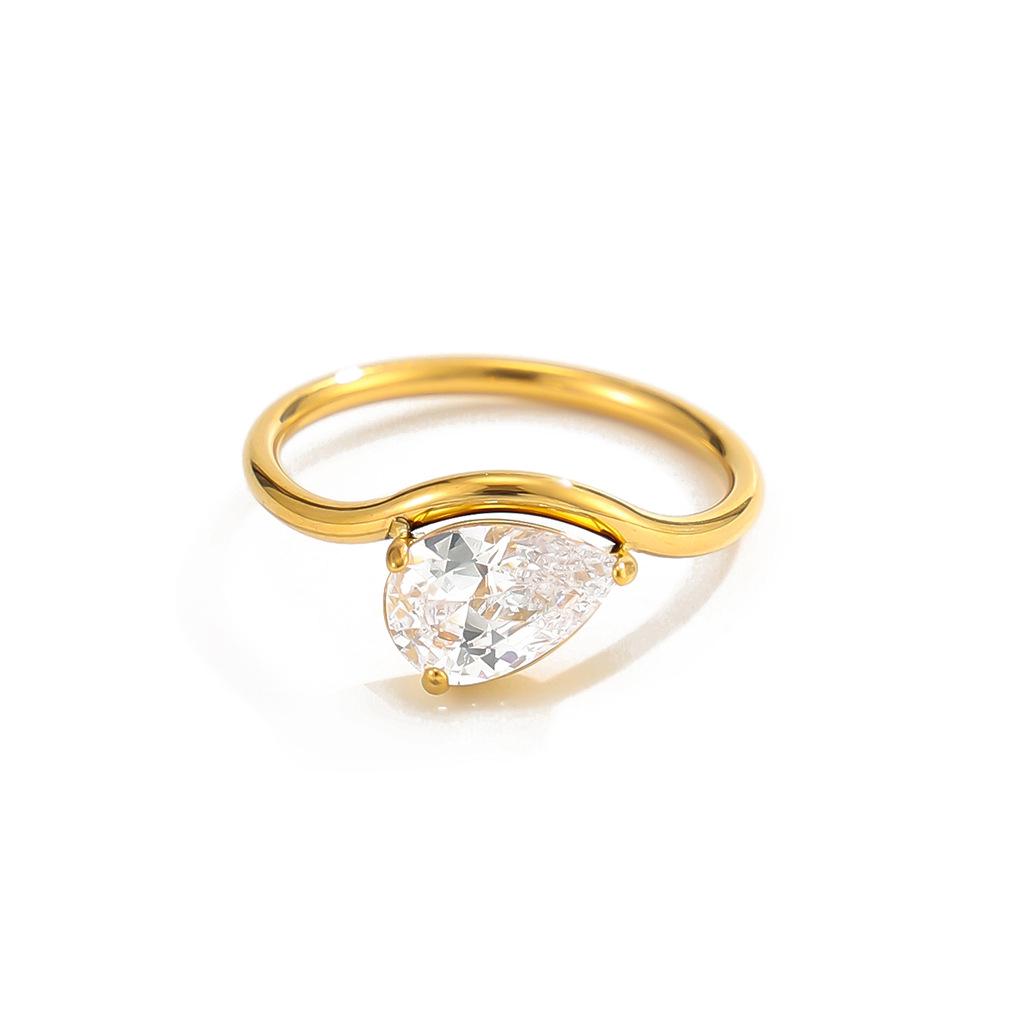 18K Gold Plated S-Shaped Stainless Steel Zirconia Water Drop Ring