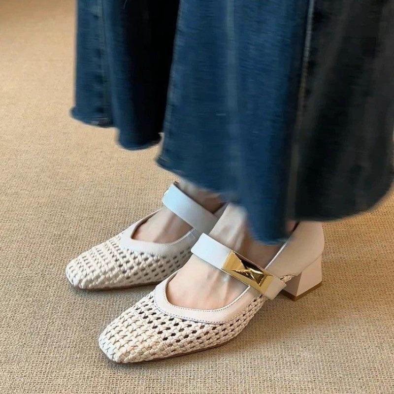 Women's braided microfiber patchwork slip-on pumps hollow-out breathable summer sandals shoes