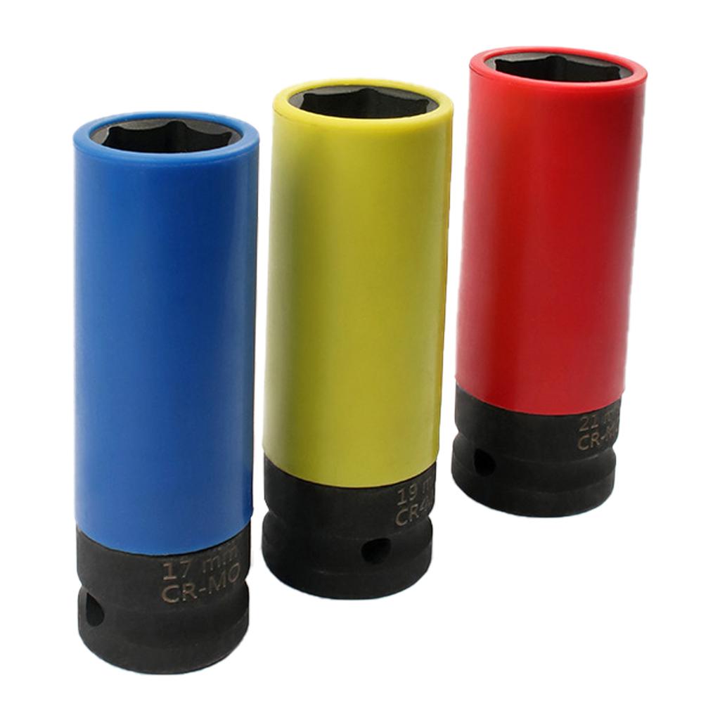 3Pcs 1/2inch Drive Wheel Impact Wrench Nut 17mm 19mm 21mm Nonmarking Wheel Nut Thin Wall Deep Socket Accessories