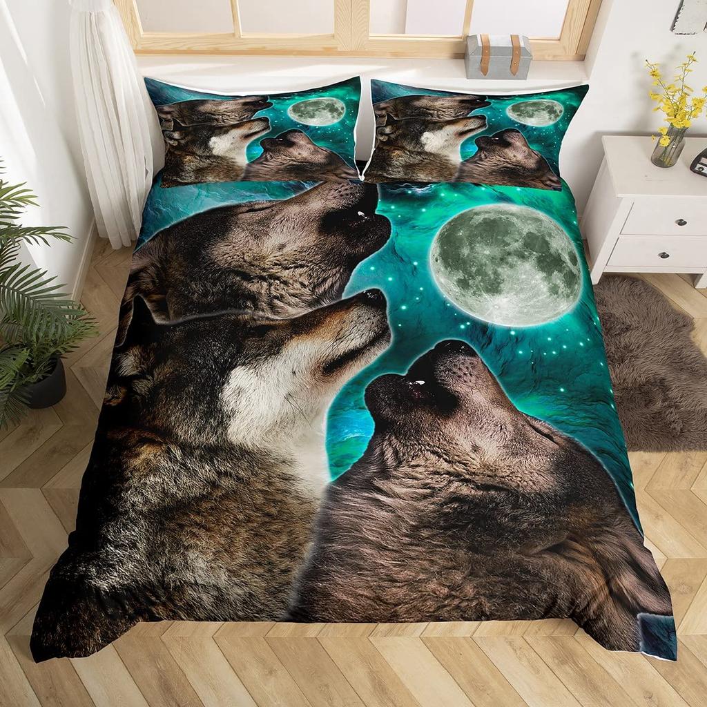 Galaxy Wolf Duvet Cover Set Full Size, Bedding Set for Boys Girls, Wolf Head Printed Duvet Cove Set 1 Quilt Cover 2 Pillowcases