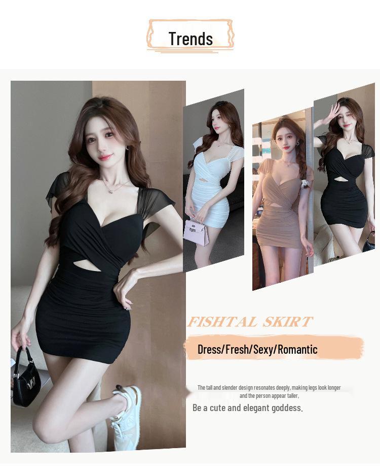 Sizzling Hot Girl V-Neck Backless Mesh Dress - Slim Fit, Hip-Hugging Mini Skirt