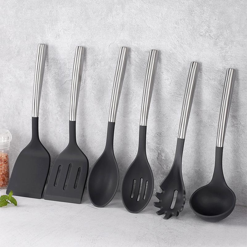 6Pcs Kitchen Cookware Silicone Kitchenware Non-stick Cooking Tools with Holder Spatula Spoon Ladle Egg Beaters Shovel Utensils Set