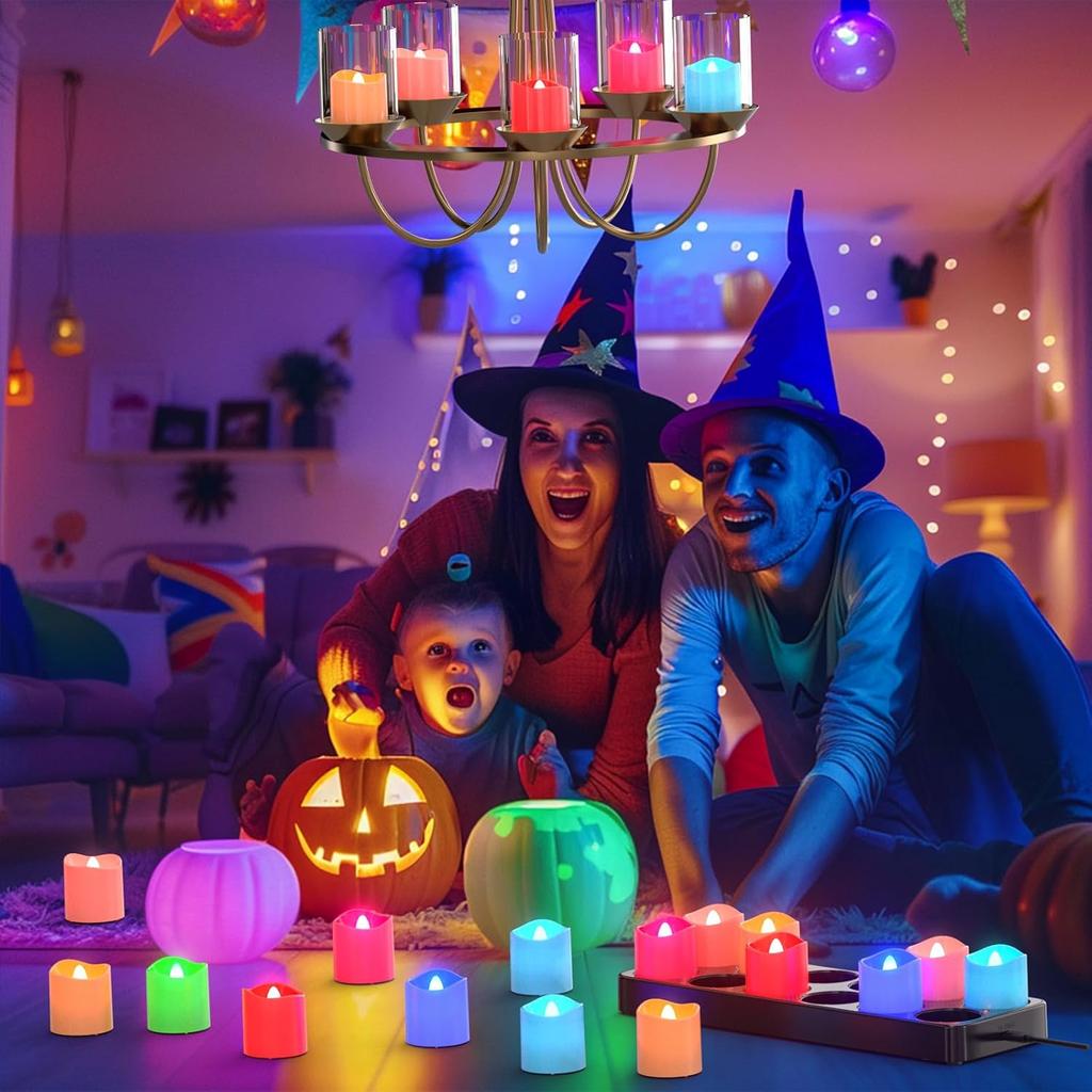 PChero Flameless Candles with Remote Timer & Charging Station, 12 Pack USB Rechargeable RGB LED Tea Lights Colored Color Changing Battery Votive