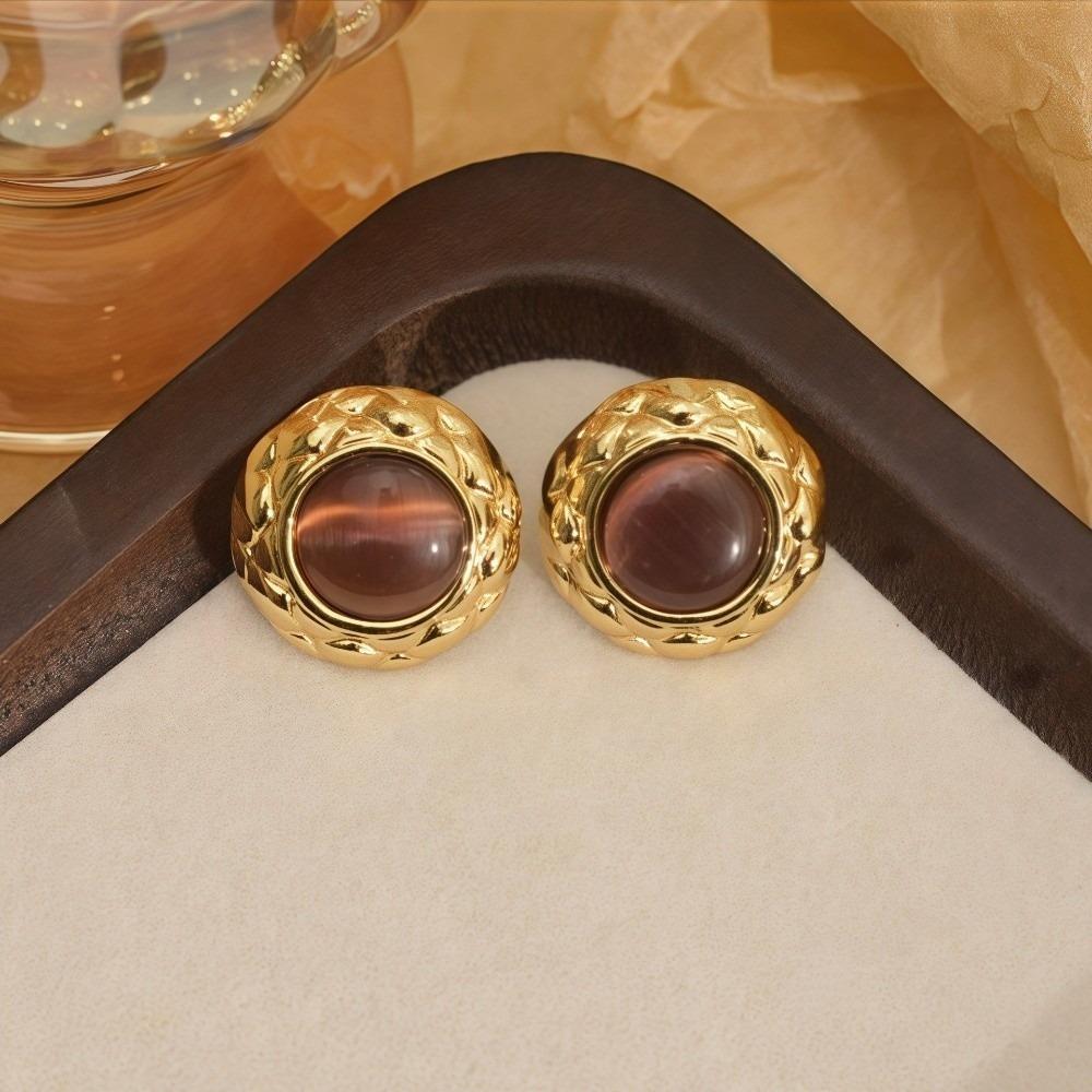 Stainless Steel Flower Earrings Oblate Shape Round Earrings Fashion Opal Earrings  Party
