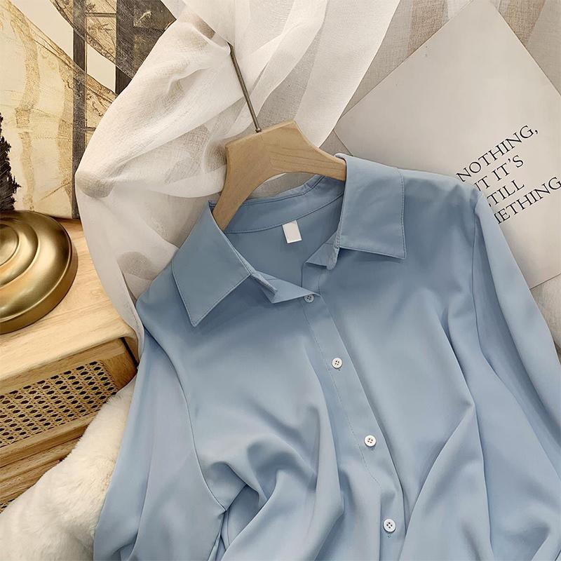 HI-FASHION Chiffon Blouse Women's White Long Sleeve Lapel Tops Spring Korean Shirt Solid Color Loose Shirt Women Plus Size