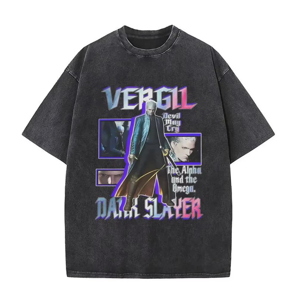 Game Devil May Cry Dante Vintage Acid Washed T-shirt Men Gothic Retro Fashion Short Sleeve T Shirts Male Hip Hop Streetwear