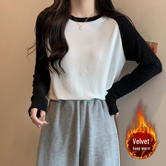 Women's Korean Style Round Neck Raglan Long Sleeve Warm Slimming Base Layer Top