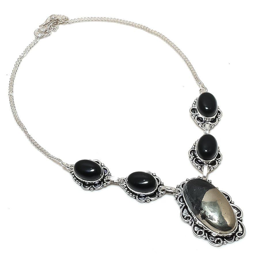 Natural Pyrite Agate, Onyx 925 Sterling Silver Jewelry Necklace 18" W0o50