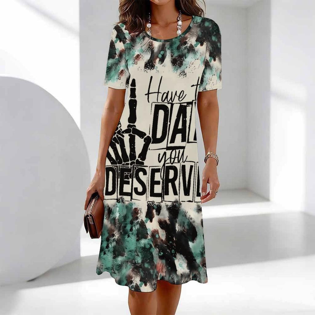 Plus Size Ladies Crew Neck Short Sleeve Dress Soft Retro Floral Print For Casual Downtown Stroll