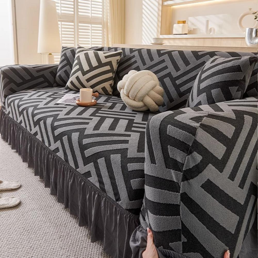 Jacquard Sofa Cover with Skirt Universal Full Coverage Stretch Slip Proof Fabric Couch Dust Protector