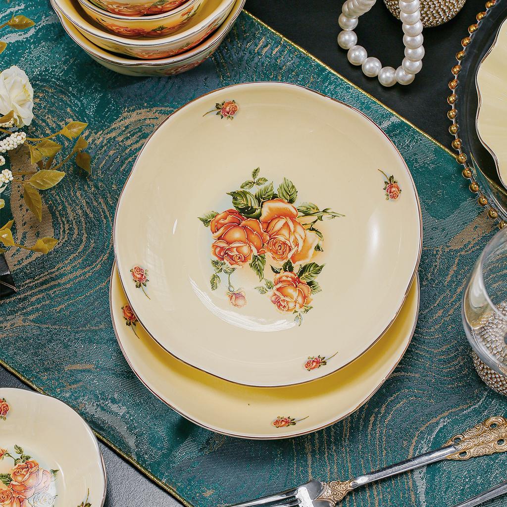 2pcs Elegant European-Style Ceramic Serving Plate - Golden Detail And Rose Pattern, Versatile for Steak, Pasta, Soup, Salad, Fru