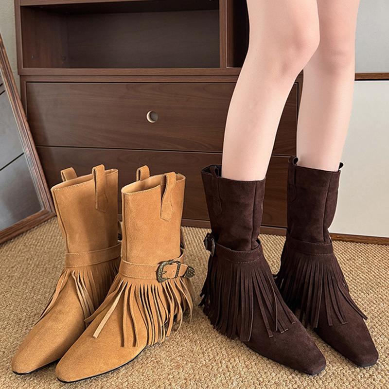 Fashion Vintage Tassels Decor Riding Boots Women 2025 Slip On Buckle Low Heels Mid Calf Boots Woman Pointed Toe Western Stray Botas