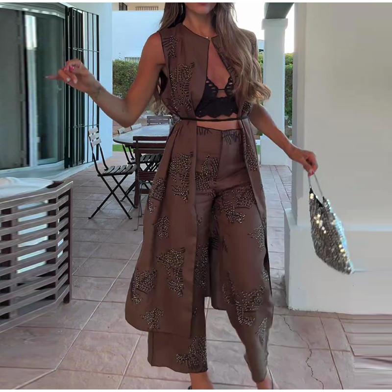 Mode Stickerei Hosen Frauen Retro Mittlere Taille Breite Bein Schnürhose Weibliche Sommer Herbst Lose Street Pant