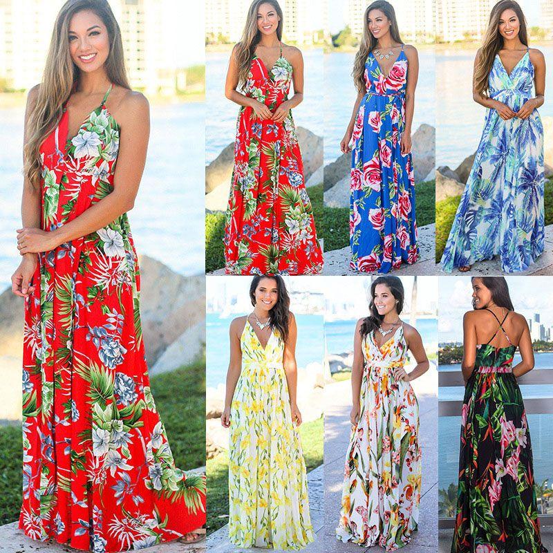 Elegant Women's Boho Long Maxi Dress With Floral Prints For Summer Parties And Beach Events