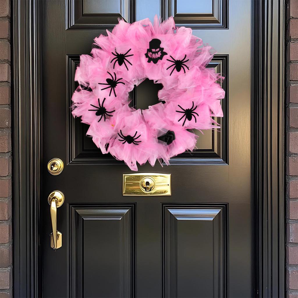 Halloween Pink Spider Wreath Door Hanging Ornament For Party Decor Venue Setup