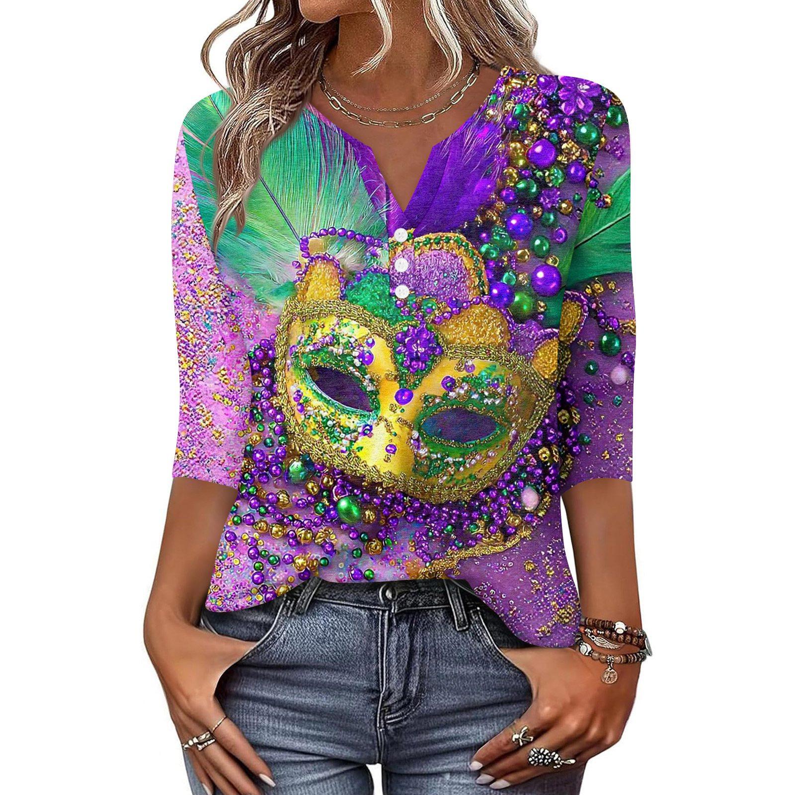 

Жен. Футболка С принтом Пуговицы Рукав 3/4 Повседневные Выходные Мода Классический Классический V-образный вырез Обычный Верх XL