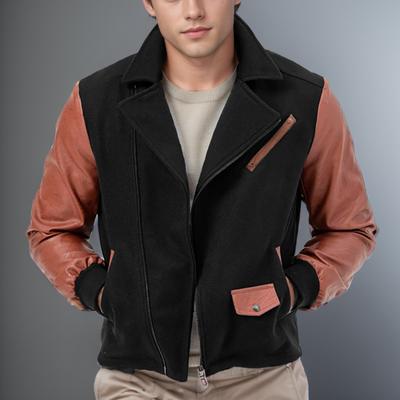 New PU Leather Splicing Woolen Men's Jacket Lapel Color Matching Zipper Jacket Coat