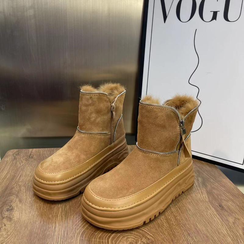 Fur integrated warm casual snow boots women's winter leather piled thickened cotton boots non-slip thick-soled short boots