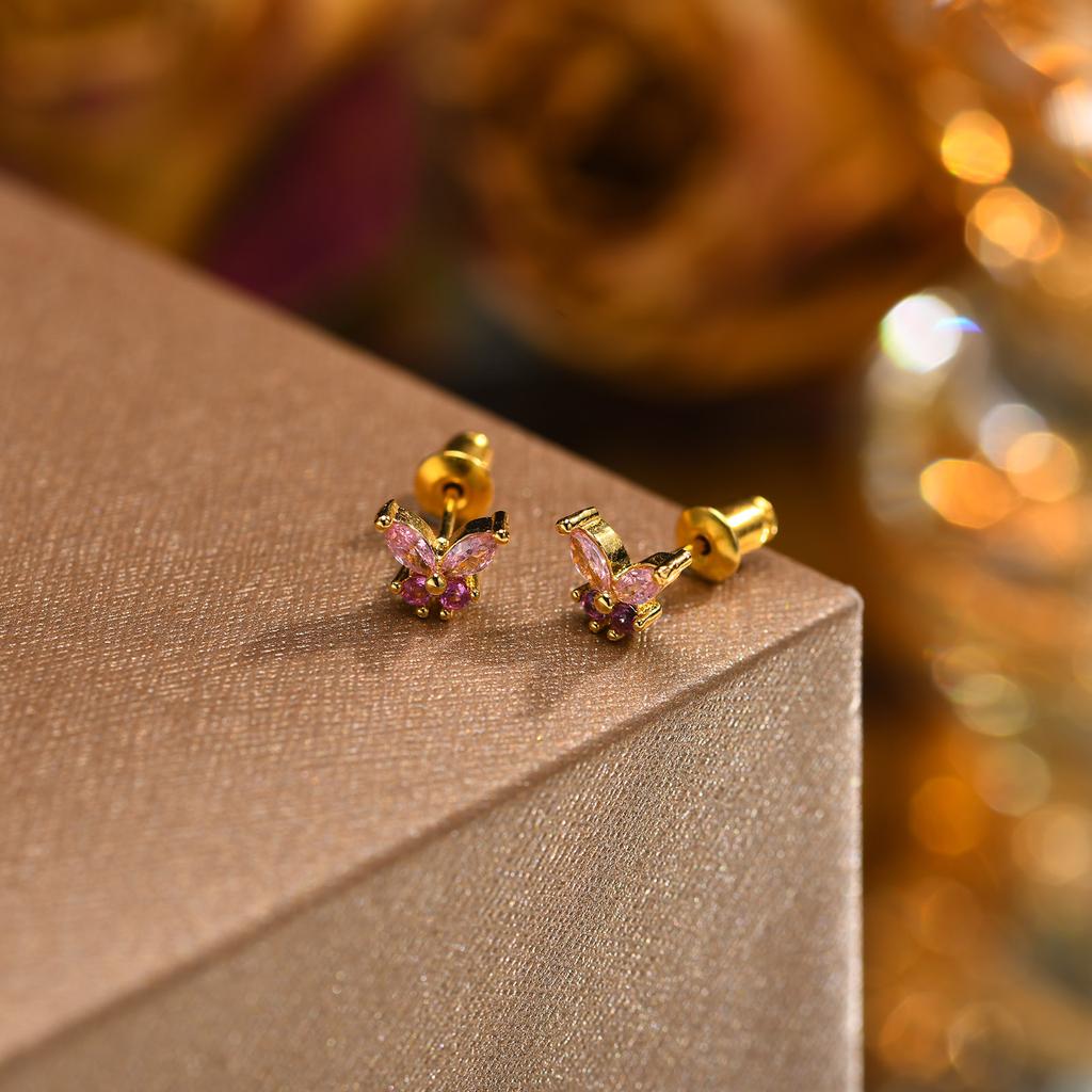 Bling CZ Stone Butterfly Stud Earrings for Women Girls, Trendy Gold Color Anti Allergy Metal Cubic Zirconia Ear Jewelry
