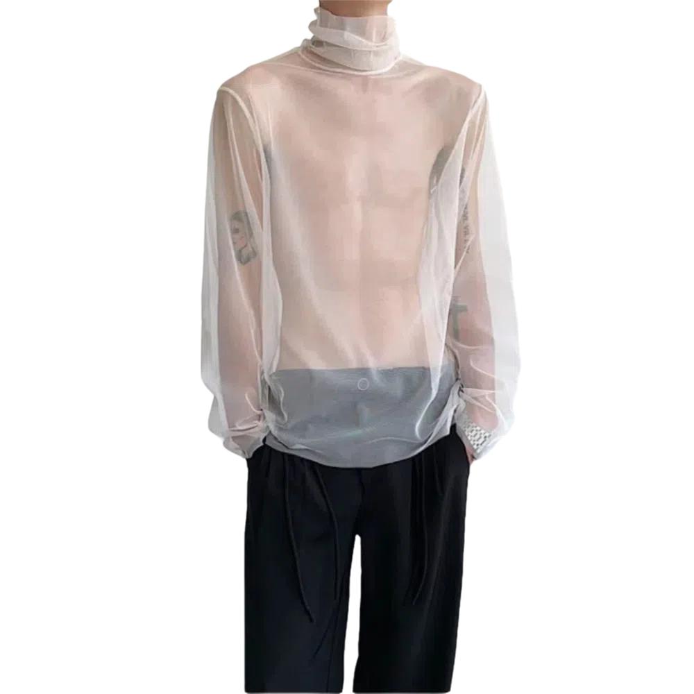 Streetwear Transparent T-shirt See-through Mesh Top Men Creative Long Sleeve T-shirt  Home