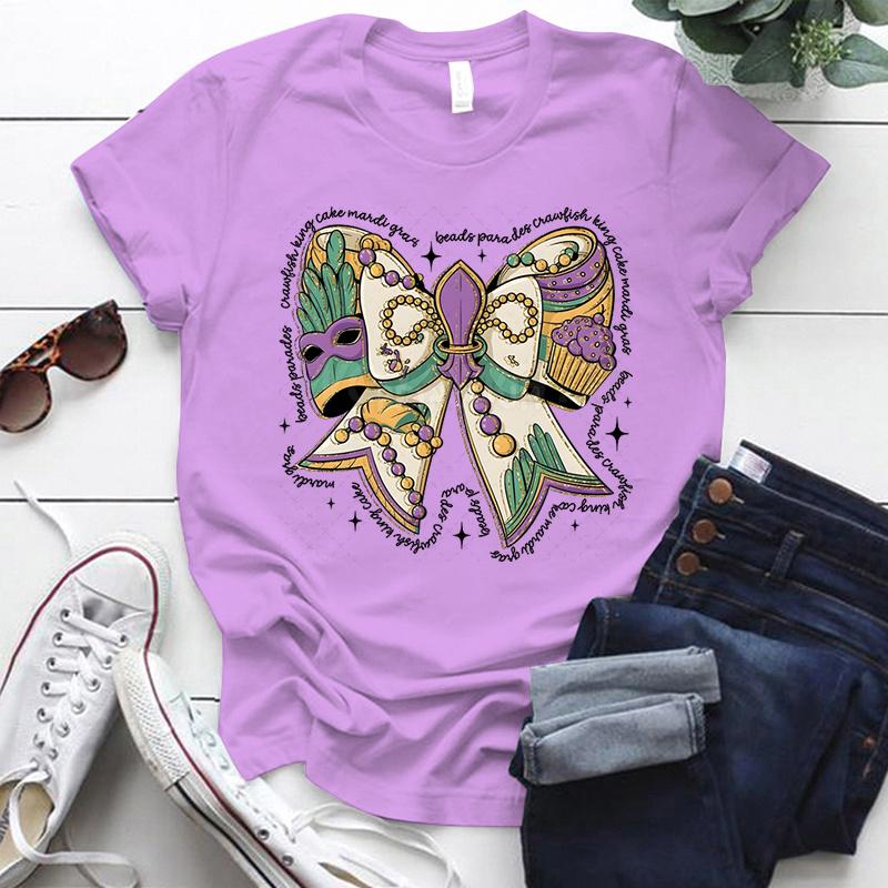 Mardi Gras Coquette Bow Design Tshirt Women Mardi Gras Vibes Vintage T Shirt Crew Neck Fat Tuesday Carnival Bow Shirt for Women