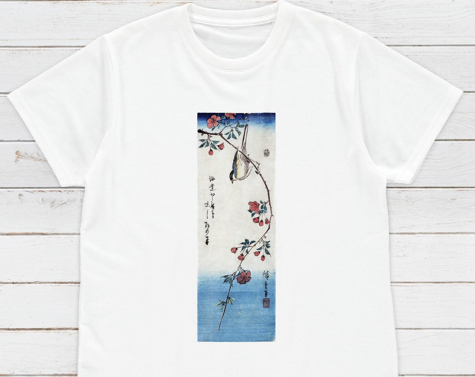 Ukiyo-e Woodblock T-Shirt: Hiroshige Bird & Flowers Art XL