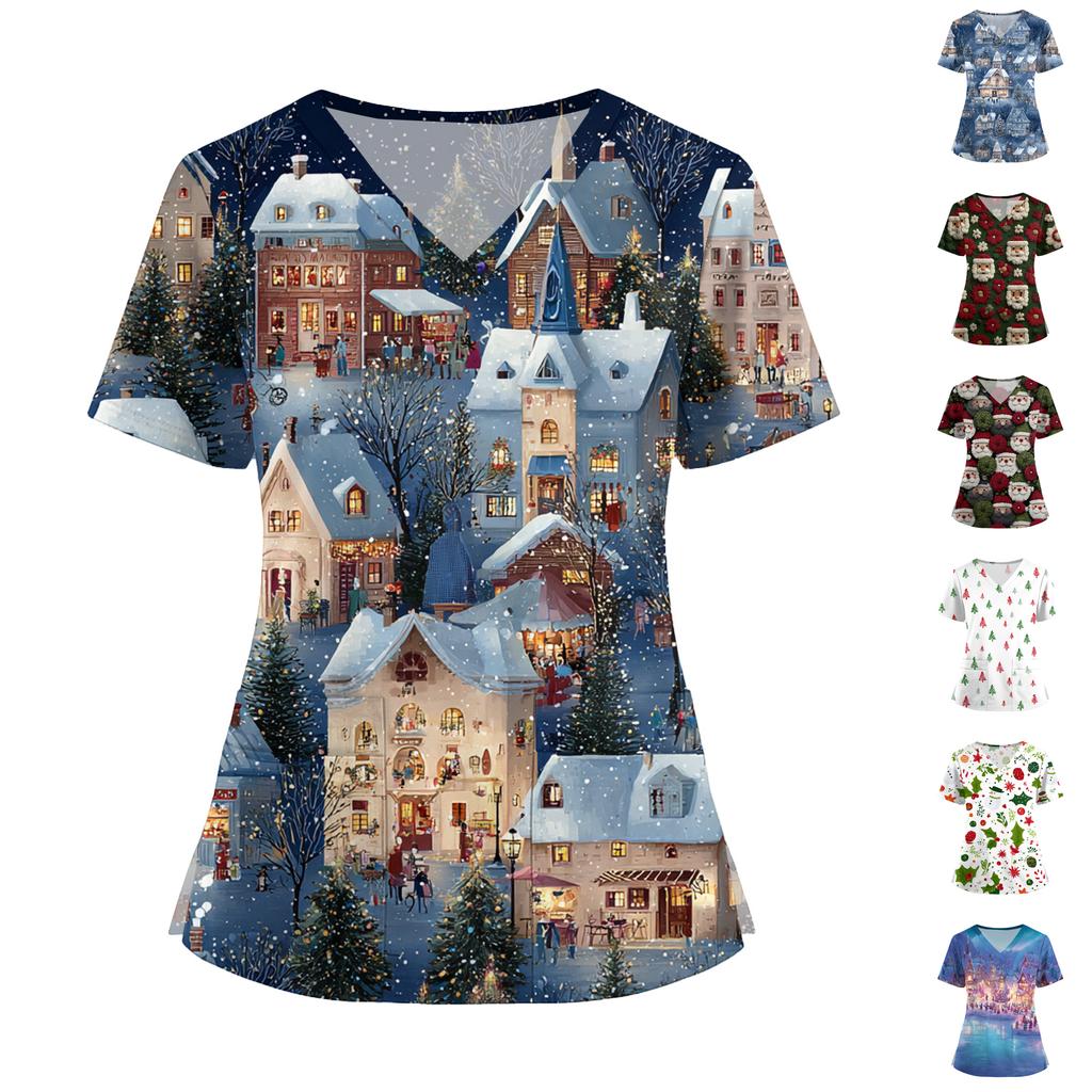 אופנת נשים אוברול שרוולים קצרים צווארון וי עם כיסים חולצות מודפסות בגדים