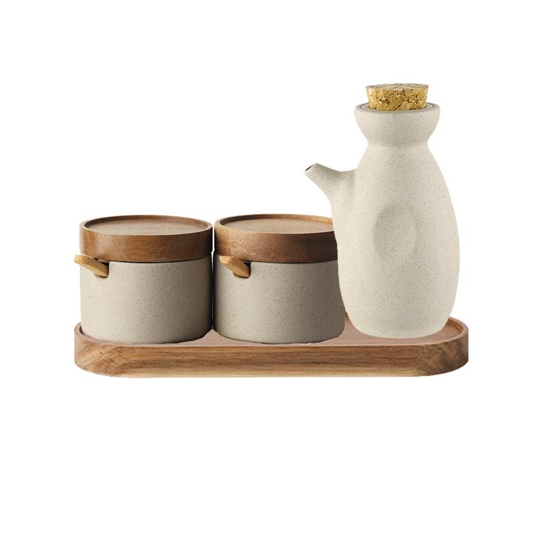 JUSTINLAU Japanese Ceramic Seasoning Jar Spice Container Bamboo Lid Spoon Household Oil Pot Seasoning Bottle Tray Kitchen Tool