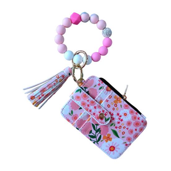 

Женский кошелек с цветочным принтом, кошелек для монет в стиле бохо, брелок с кисточкой, эластичный кошелек с бисером и окошком для удостоверения личности B