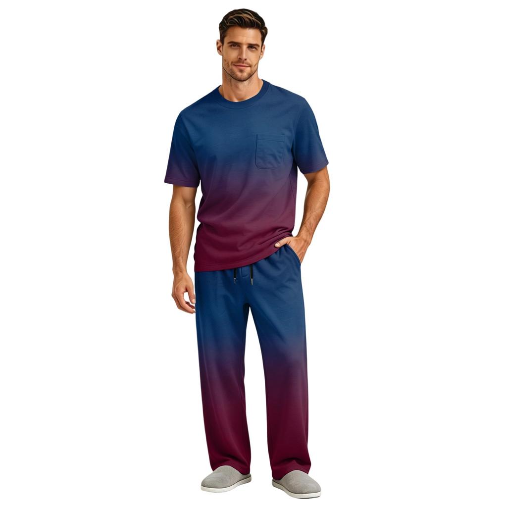 Men's Short Sleeve Pajama Set with Button Fly and Elastic Drawstring Waist