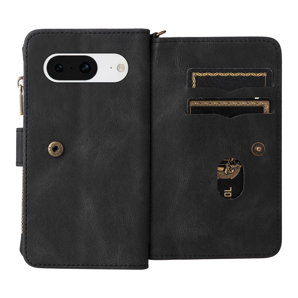 For Google Pixel 8 Zipper Wallet Case with 15 Card Slots and Strap Leather Phone Cover