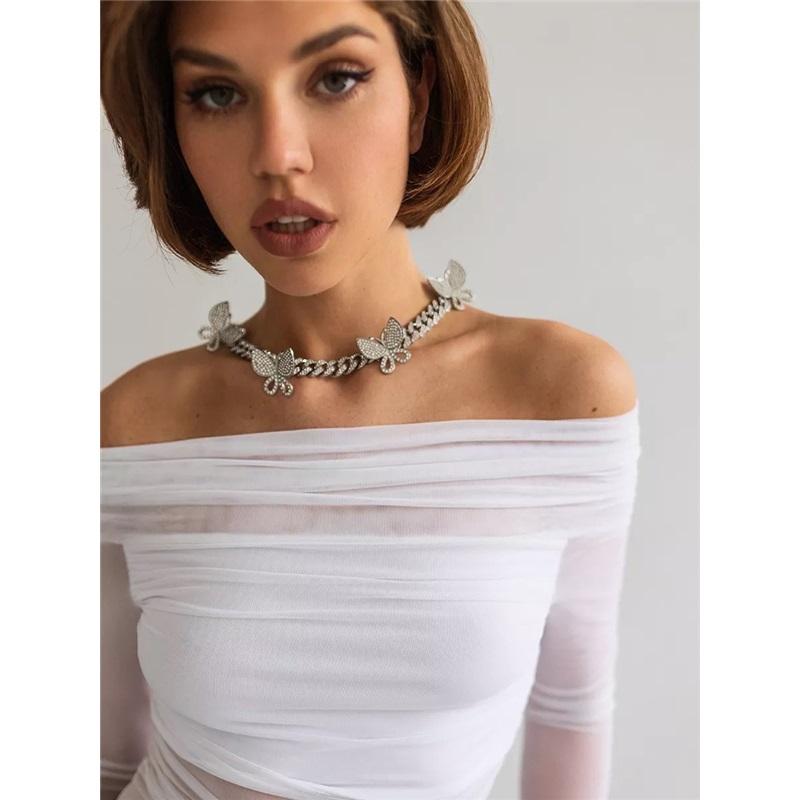 Tooxika Spring And Autumn Women's New Solid Color Slim Fashion One-shoulder Neck Mesh Long-sleeved Top