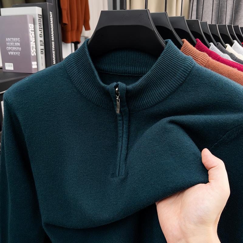 Men New Style Zip Knitted Shirt Solid Color Fashion High End Long Sleeve Base Layer Loose Casual Top