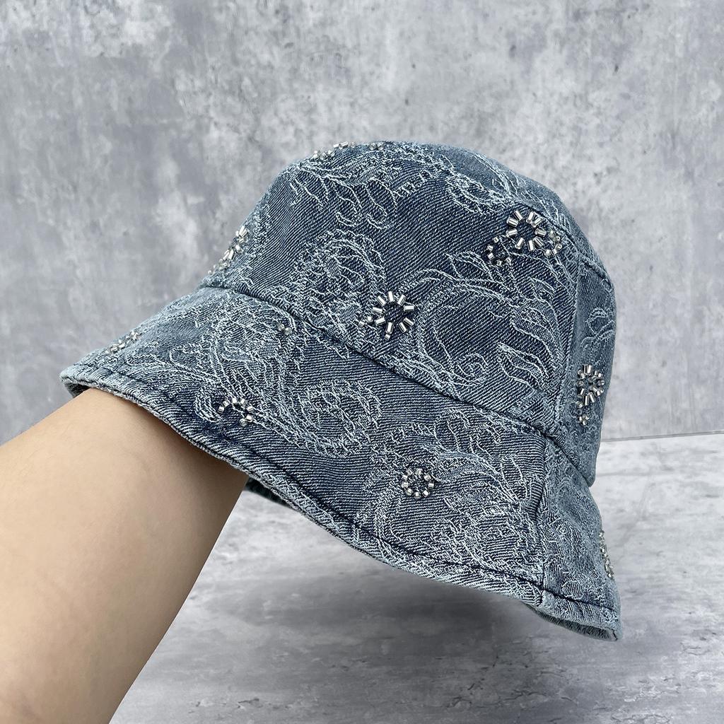 Denim cotton bead string flower bucket hat women's embroidery cashew nut pattern foldable sun hat casual pot hat high quality