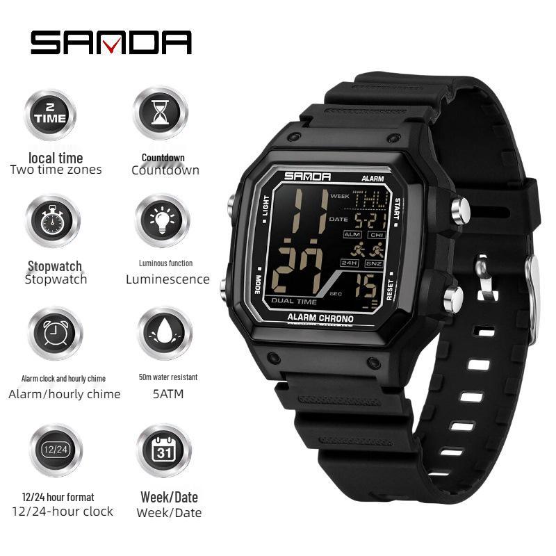 Sanda Sports Waterproof Square Electronic Watch for Teens - Unisex Fashionable and Simple Design