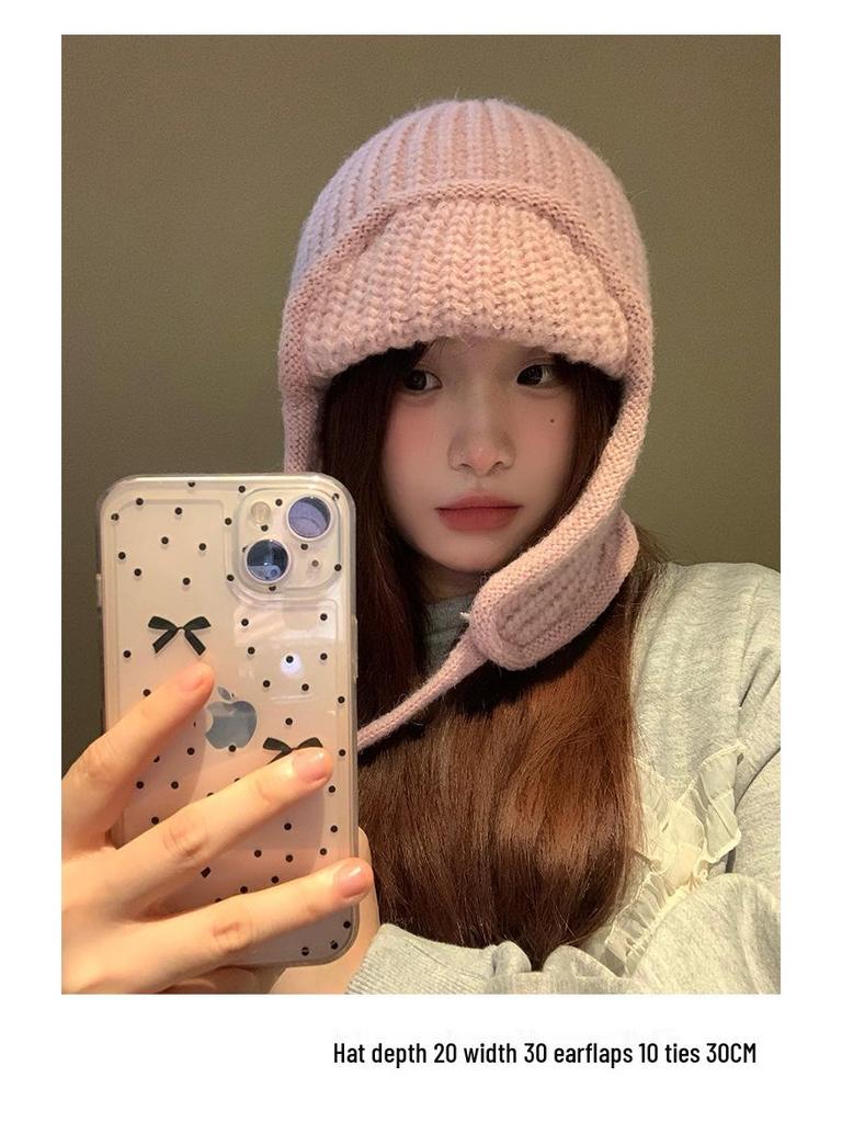 Korean-Style Photogenic Pink Knitted Wool Hat: Women's Warm, Ear-Protecting, Versatile Ski Hat for Autumn/Winter