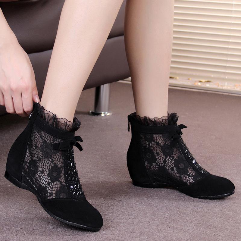 Fashion GKTINOO 2025 Fashion Summer Ankle Boots for Women Flat Heel Boots Mesh Height Increasing Casual Shoes Genuine Leather Big Size