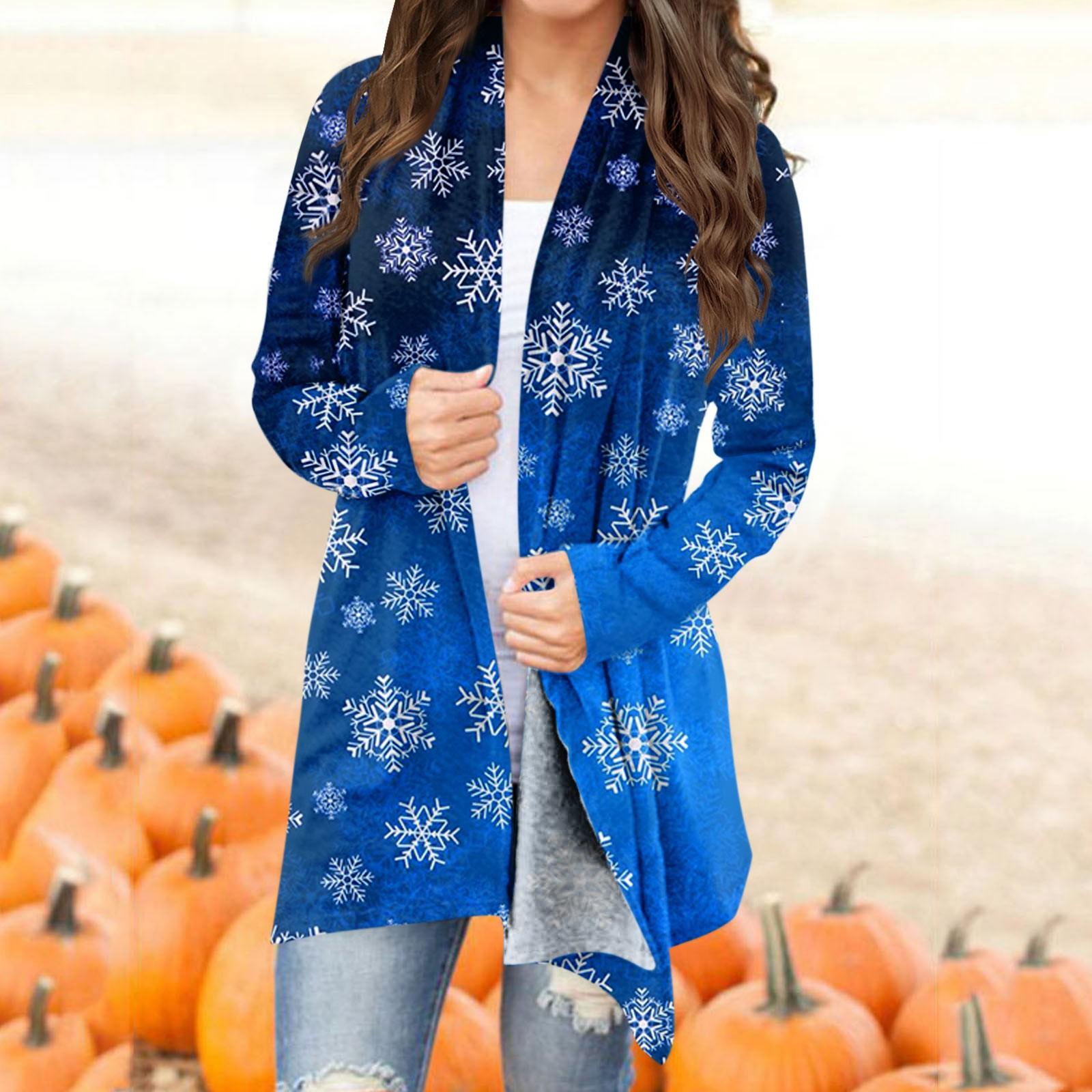 

Женская мода, повседневный рождественский принт, кардиган средней длины, куртка, пальто M синий