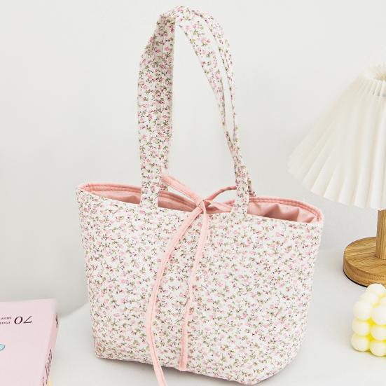 Quilted Tote Bag for Women Girls Lightweight Small Floral Shoulder Bag Soft Puffy Travel Work Handbag with Bow
