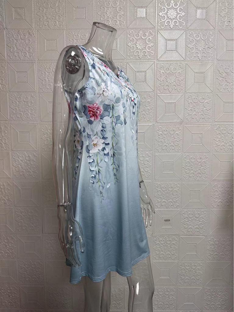 European and American Women's Floral Button A-line V-neck Sleeveless Dress, 2024 Fashion Trend.