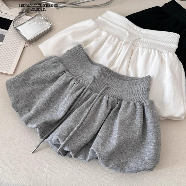 White Flower Bud A-line Skirt Pants for Women - Casual, Versatile, Elastic Mid-Waist, Puffy and Short for Summer