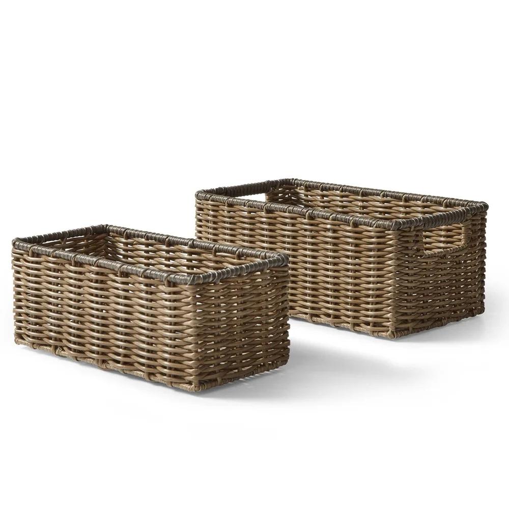 2-Piece Storage Basket Set Poly Rattan Weave Iron Frame Rectangular Bins Cut-Out Handles Organization Home Office Cleaning United States 7760₽