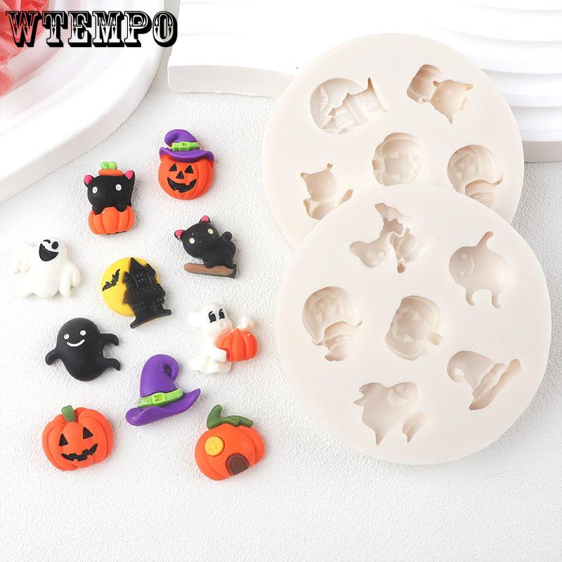 WTEMPO 4PCS 7.6*7.6*1.1CM Round Halloween Pumpkin Ghost Pattern Design Silicone Molds DIY Epoxy Resin Molds Halloween-themed Handicraft Making Molds