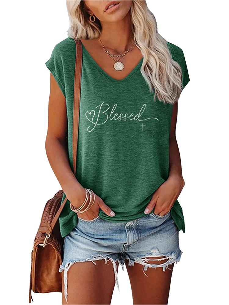 Women Fashion Printed Top Summer V Collar Tee Shirt Ladies Casual Short Sleeve T-shirt