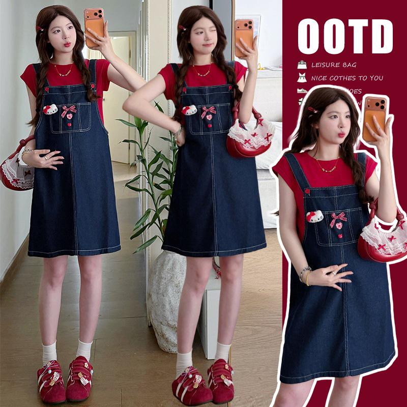 Real Shot 2026 Korean Maternity Slim Denim Overalls & Short Sleeve Top Set 2XL