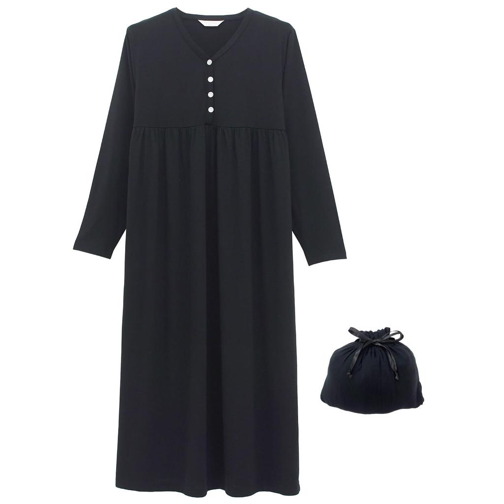 ON NISHIKI Travel Pajamas with Long Sleeve Stretch Loungewear Size Women's Pouch, Compact, Dress, Material, Nightgown, (Black 4/ML/904101)