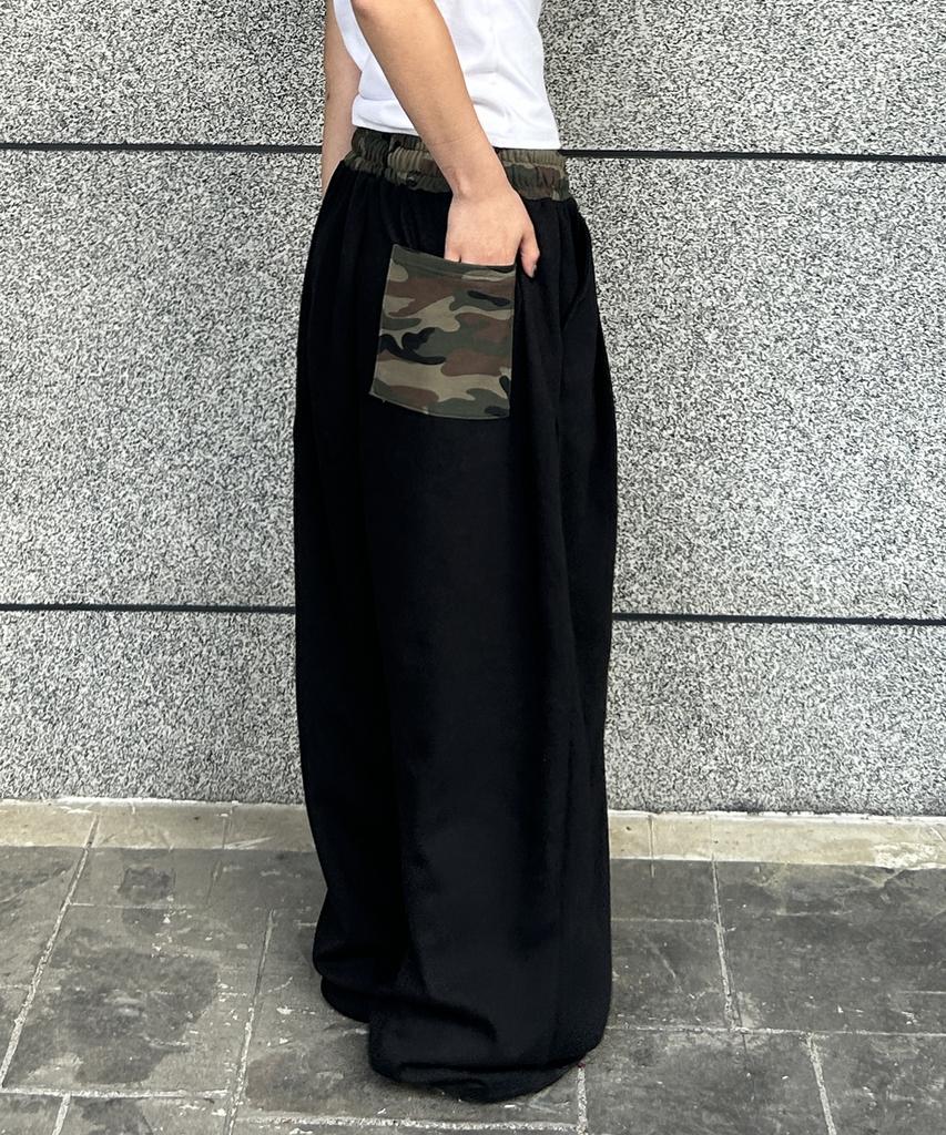 FUZZY SCAN Camo Waist Curved Balloon Pants Black